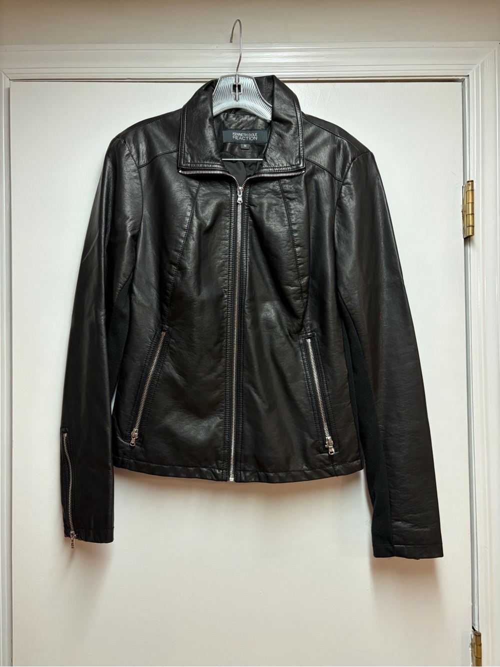 Kenneth Cole Black Leather-like Zip-Up Moto Jacket